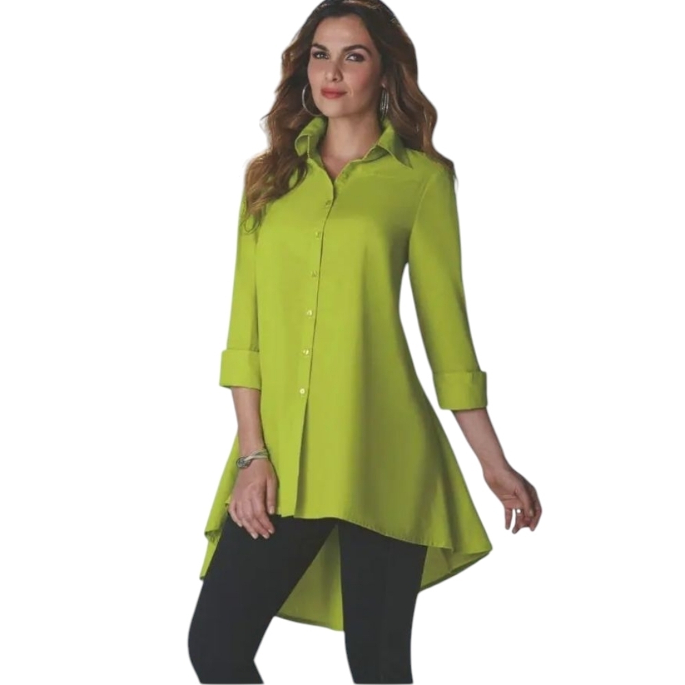 Midnight Velvet Shirt Dress Womens Green Button Up Hi Low Shirt Dress Sz XL NWT